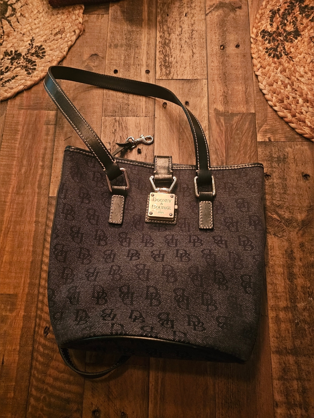 Dooney & Bourke Black Logo Tote with Silver Plate..